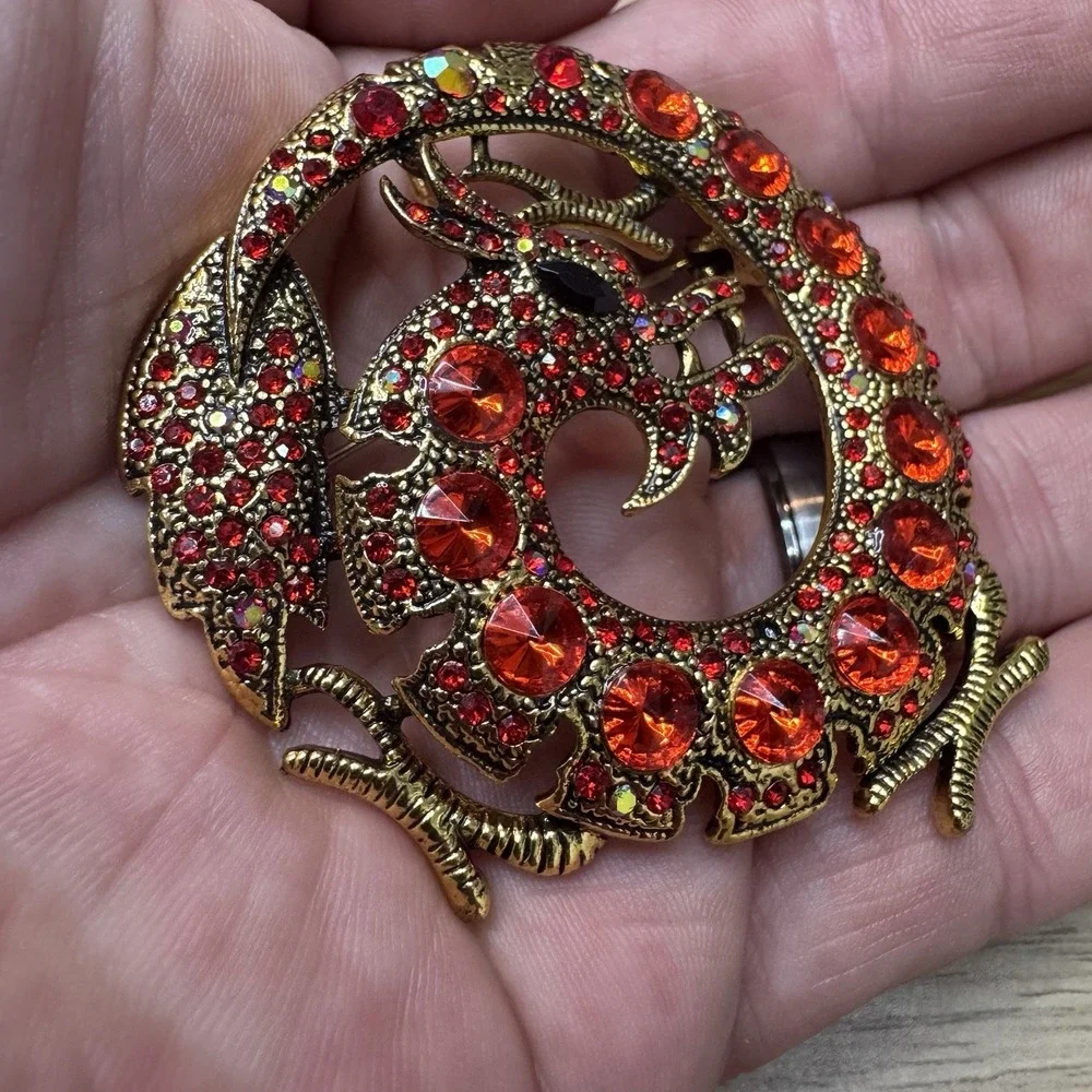 Anthropologie Red Dragon Brooch Gold Tone With Rhinestones Pendant